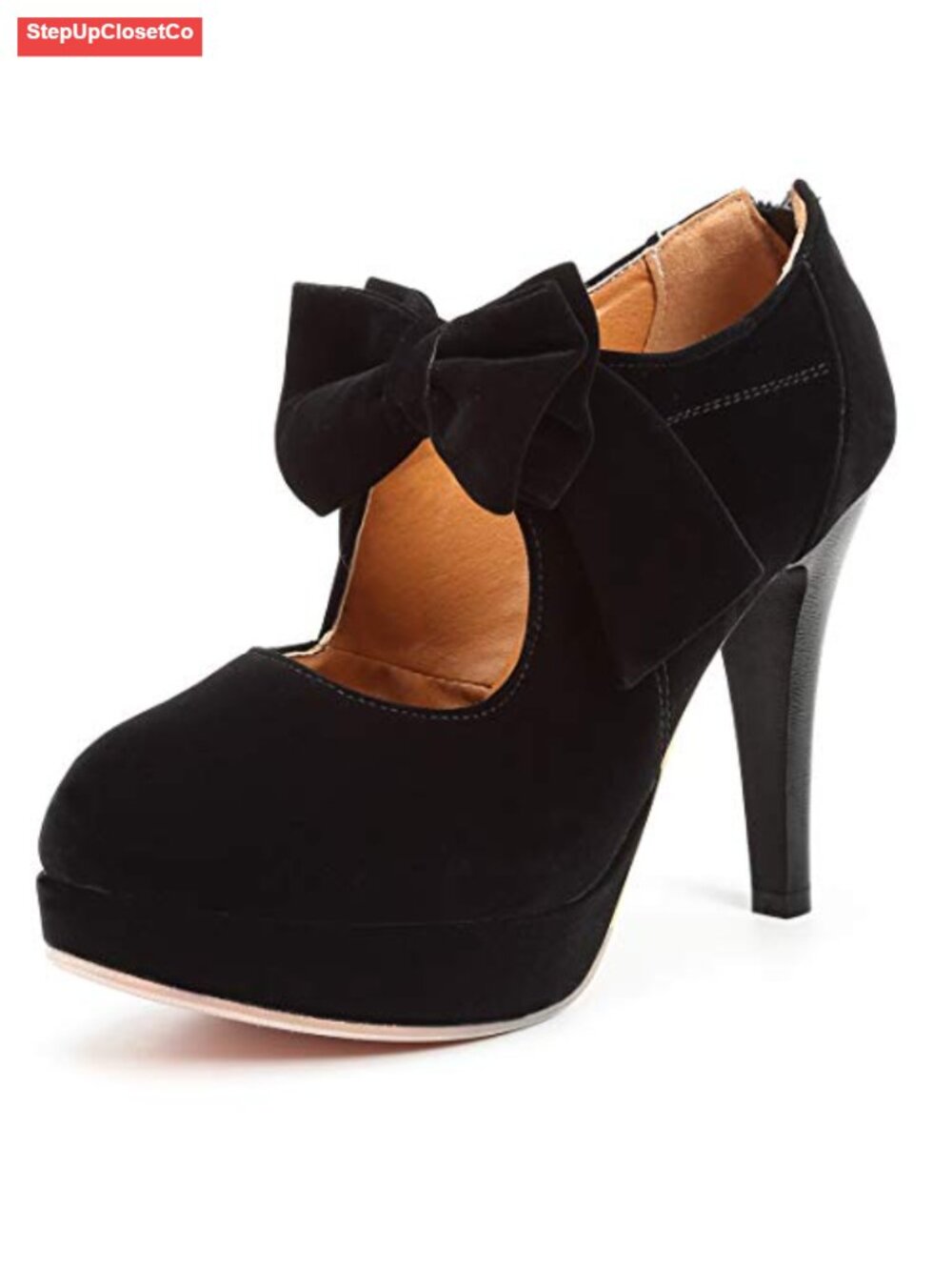 Vintage Bowtie Platform Pumps for Women - 4 Inch High Heels, Closed Toe, Back
